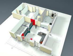 Architectural redesign of an apartment, reformulation of the interior spaces from the planimetric map of a house. Project variation. Functional and modern spaces. 3d render
