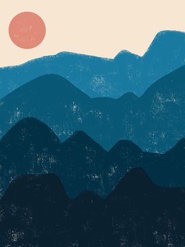 Minimalistic Blue Mountain Landscape. Modern Abstract Design For Background, Wallpaper, Cover, Poster.