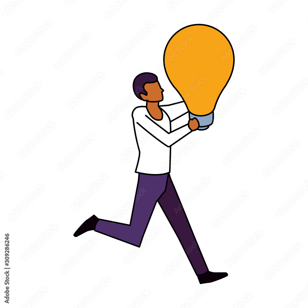 Wall mural man with light bulb on white background