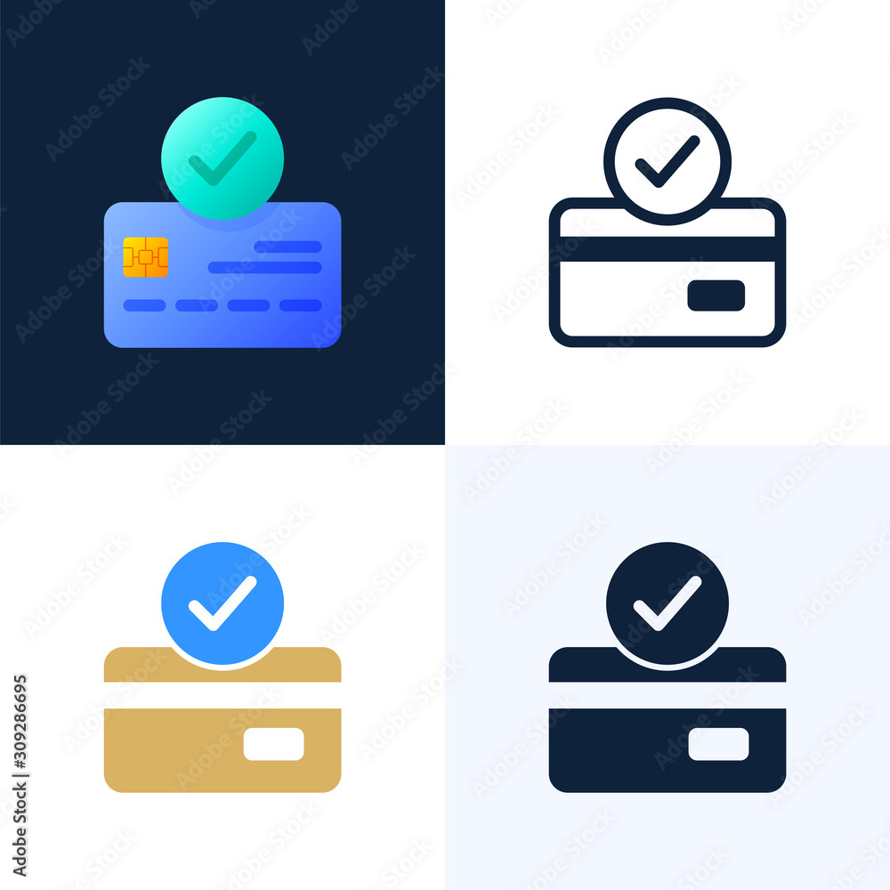 Poster accepted payment credit card vector stock icon set. the concept of a successful bank payment transac