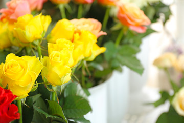 Bouquet of beautiful flowers in shop, closeup