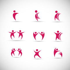 Abstract People Logo Set. Human Figure Isolated On Gray Background. Icons Collection For Human Success, Celebration Logo, Achievement Symbol And Activity. Different Happy People. Figure Logo, Vector