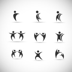 Abstract People Logo Set. Human Figure Isolated On Gray Background. Icons Collection For Human Success, Celebration Logo, Achievement Symbol And Activity. Different Happy People. Figure Logo, Vector