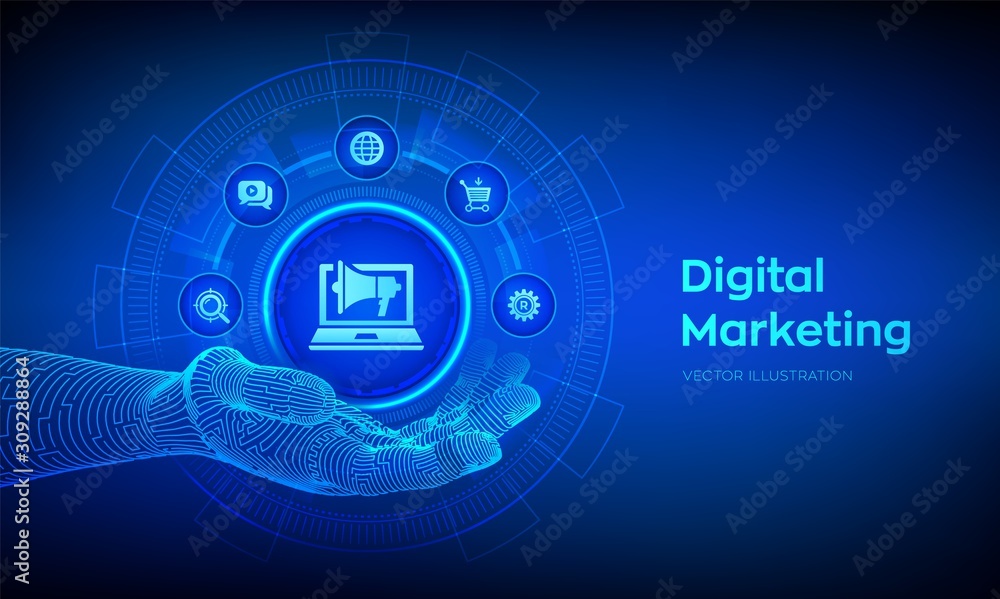 Poster digital marketing icon in robotic hand. internet. online. search engine optimisation. seo. smm. adve