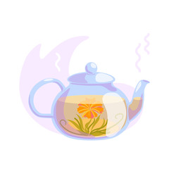 Hot blooming tea in a glass teapot isolated on white background. Front view of japanese flowering tea ceremony. Vector natural illustration. Spa, wellness relaxation concept. Nature healthy symbol