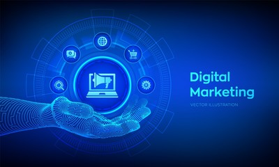 DIgital marketing icon in robotic hand. Internet. Online. Search Engine Optimisation. SEO. SMM. Advertising. Technology concept on virtual screen. Vector illustration.