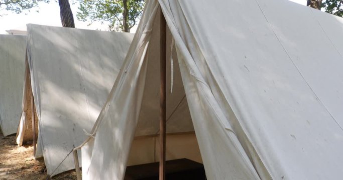 Colonial Style White Tents In A Row For Revolutionary War Time, 4K