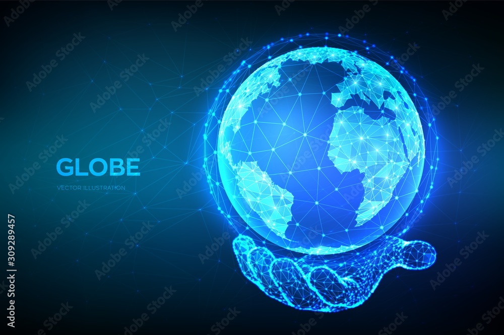 Poster earth globe illustration. abstract polygonal planet in hand. low poly design. global network connect