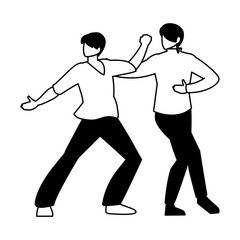 silhouette of men in pose of dancing on white background