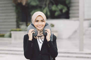 Fototapeta premium young executive businesswoman in black suit standing with confident face expression