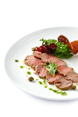Dishes of traditional Russian cuisine. Restaurant serving. Black background.
