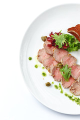 Dishes of traditional Russian cuisine. Restaurant serving. Black background.