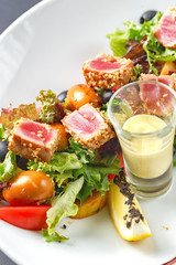 Dishes of traditional Russian cuisine. Restaurant serving. Black background.