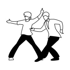 silhouette of men in pose of dancing on white background
