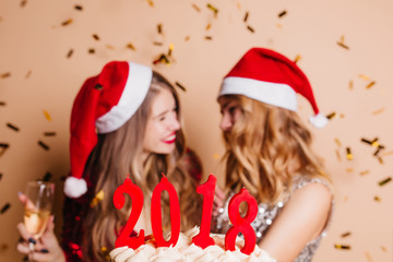 Indoor photo of two smiling girls in santa claus hats with cream cake on foreground. Pretty ladies joking at new year party under confetti.