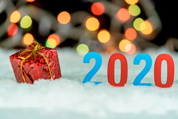 Christmas decorations and The New Year 2020 with blurred background.