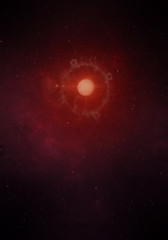3d rendered Space Art: Alien Planet with halo in outer space. Imaginary view of a red planet in a star field