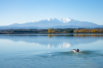 Man swimming in a lake with mountains in the background. Swimming in nature. Lake of Villeneuve-de-la-Raho (France) overlooking the Pyrenees and the Canigo