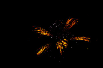 Yellow and red fireworks in the shape flower on the right side on a black background.