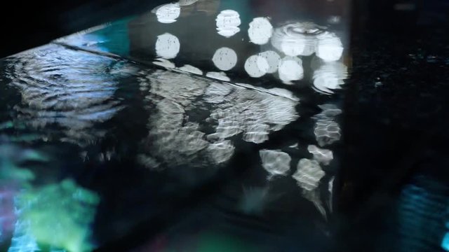 slow motion closeup Rain drops Falling On puddle with lights reflection on city sidewalk. Rain Drop With Street Lights and colorful traffic lights At Night Blur Bokeh Abstract