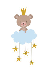 Cute bear with crown cloud and stars vector design