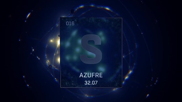 Sulfur as Element 16 of the Periodic Table. Seamlessly looping 3D animation on blue illuminated atom design background with orbiting electrons. Name, atomic weight, element number in Spanish language