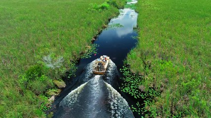 Airboat tour in Florida swamps. Aerial view of Everglades National Park. Miami. Florida. USA.