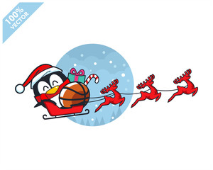 Basketball ball santa hat with cartoon christmas penguin logo vector	