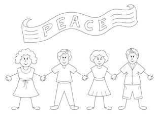 four friends holding hands and a banner with the word peace. line drawing