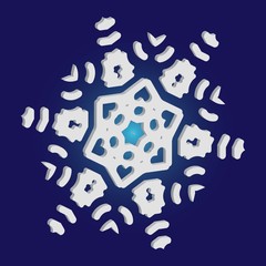 Isolated falling snowflake on blue background.
