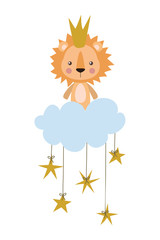 Cute lion with crown over cloud vector design