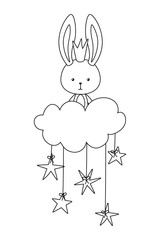 Cute rabbit cartoon with crown over cloud vector design