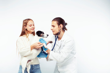 young veterinarian doctor in blue gloves examine little cute dog jack russell isolated on white background with owner blond girl holding it, animal healthcare