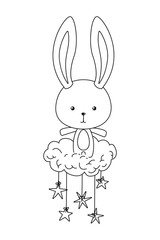Cute rabbit over cloud with stars vector design