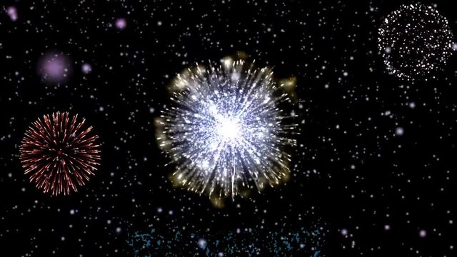 4K Firework display with snow falling in black night sky.