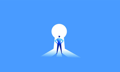 The businessman leader runs to reach dreams and opportunities. Businessman standing in front of keyhole with blue flat illustration vector