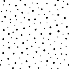 Seamless repeat pattern with ditsy small scattered black round and star snow confetti silhouettes shapes on a white background