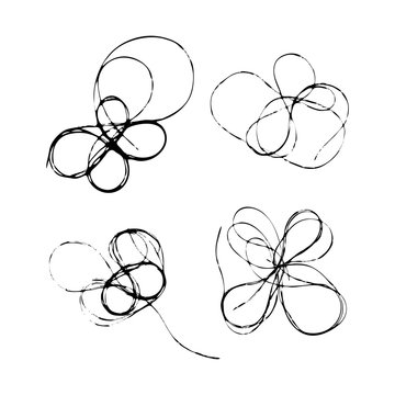 Set of tangled threads isolated on white. Thread scribble petals, flowers, spots for spring season. Black line abstract scrawl sketch. Vector stock illustration of chaotic doodle shape. EPS 10