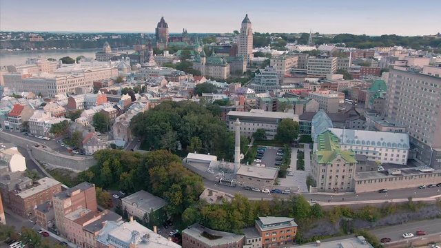 Aerial: establishing shot of Old Quebec city skyline, Quebec, Canada.