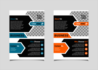 Business flyer template vector design, A4 brochure template blue and amber geometry shapes used for business poster layout, IT Company flyer, corporate banners, and leaflets