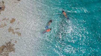 Young girls snorkeling in blue clear waters above coral reef on red sea in los roques venezuela . Travel and lifestyle concept. Top view. Three snorkelers swim in turquoise water