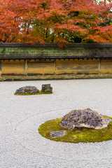 枯山水と紅葉したモミジ