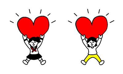 ハートを持つ私服セーラー服女性イラストセット（シンプル）