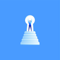 The businessman leader runs to reach dreams and opportunities. Businessman run in front of stair keyhole door with blue flat illustration vector