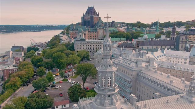 Aerial flying around the S&eacute;minaire De Qu&eacute;bec and the Ch&acirc;teau Frontenac in old Quebec City, Quebec, Canada 3 september 2019