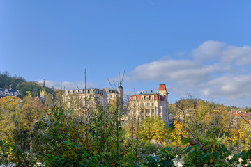 Scenic aerial view of Karlovy Vary - small ancient touristic resort town near the border between...