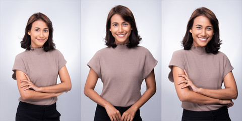Collage Group Pack of Fashion Young mother 30s indian / Asian Woman black curl short hair beautiful make up purple dress posing attractive many looks smile. Studio Lighting white Background isolated