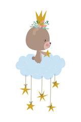 Cute bear with crown cloud and stars vector design