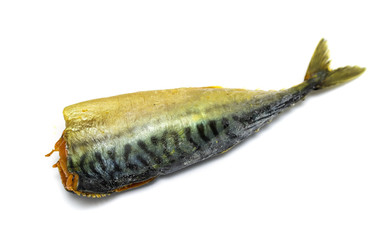 Smoked headless mackerel fish on a white background