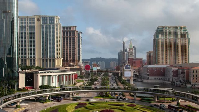 Macau Tower and bridge traffic cityscape night timelapse pan up
